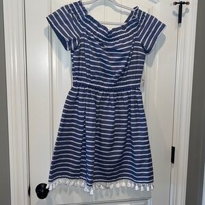 Eliza J off shoulder blue/white stripe dress preppy nautical beachy cotton NWT 8